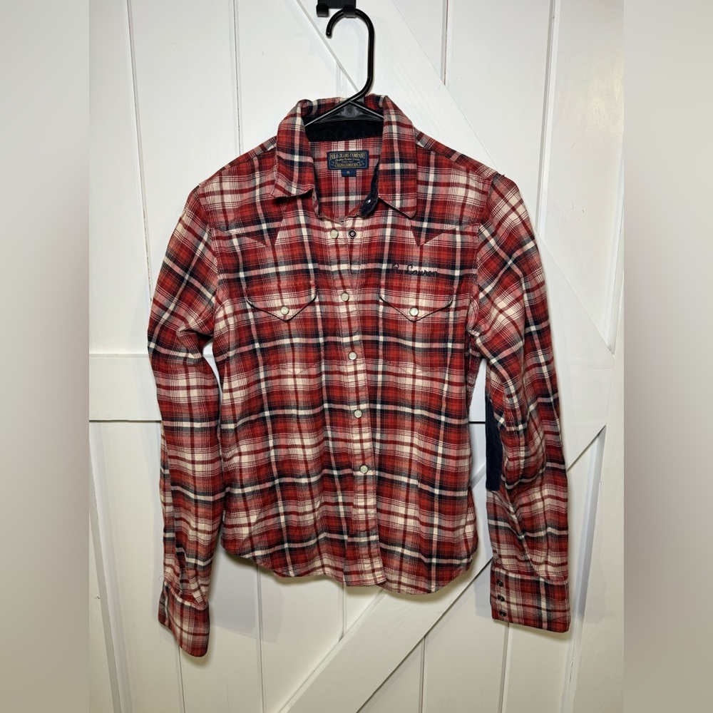 VINTAGE POLO JEANS CO FLANNEL SHIRT PEARLSNAP PROFESSOR PATCHES EMBROIDERED Sz S